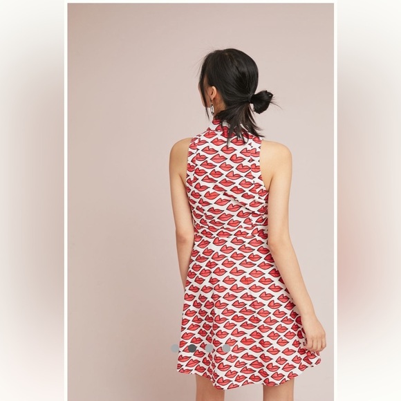 Anthropologie Red Smooch Dress. All Over Red Lip Design. Button Front. Pockets. - Picture 7 of 16